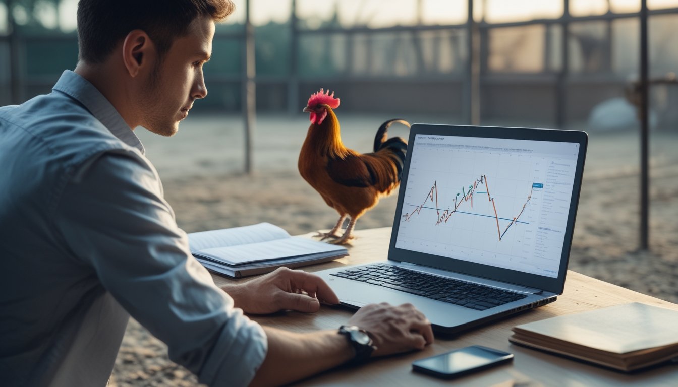Seorang analis memeriksa grafik pergerakan odds di laptop dengan seekor ayam jantan sehat terlihat samar di latar belakang.