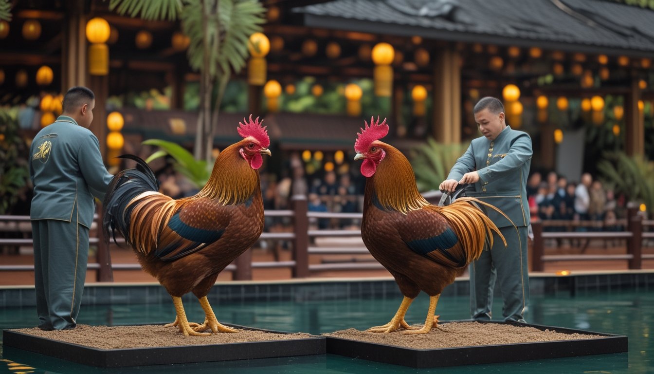 Dua ayam jantan dirawat oleh pawang dalam suasana turnamen tradisional yang meriah dan tertata.