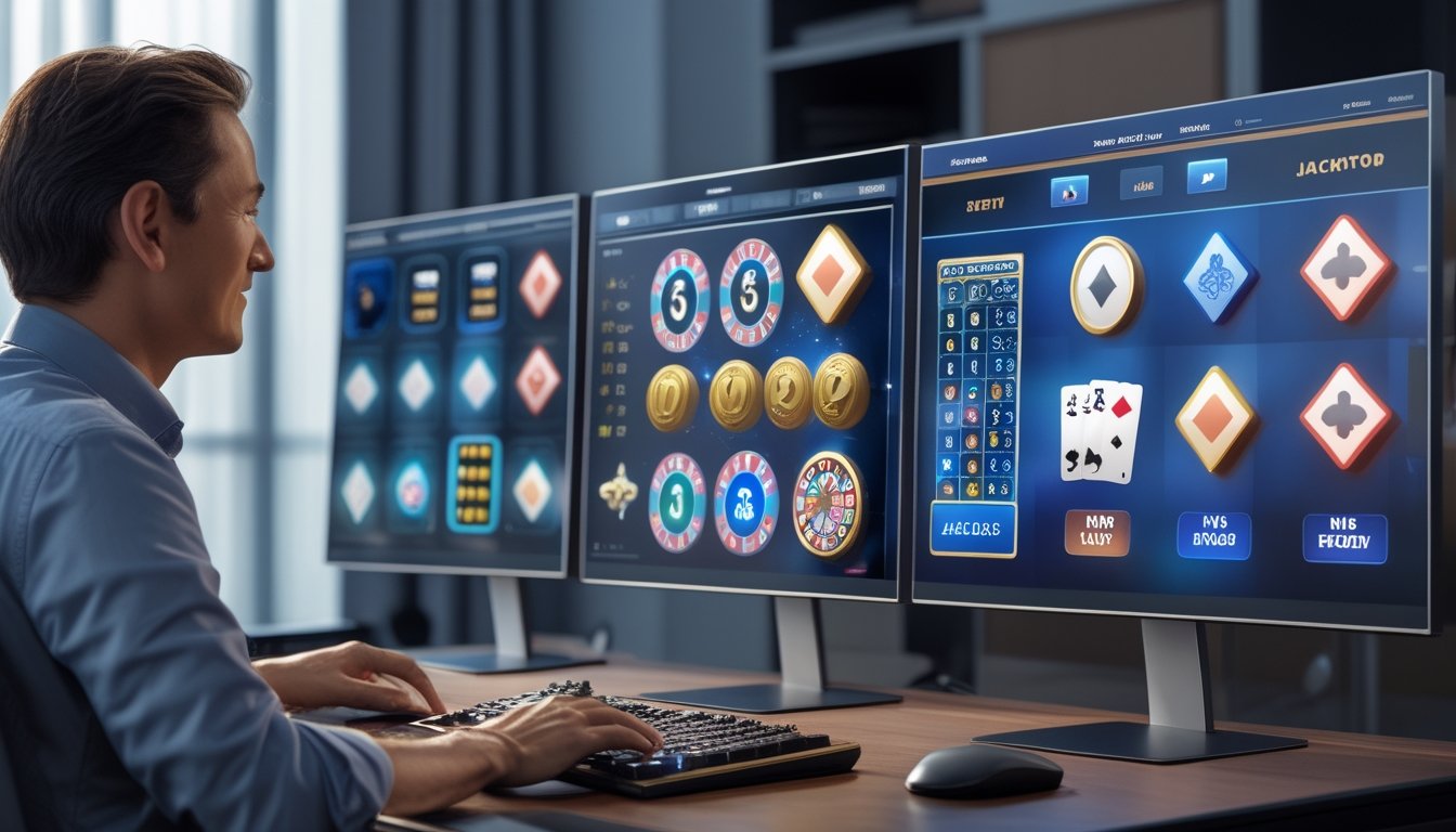 Seseorang melihat berbagai permainan digital pada beberapa layar di ruang kerja modern.