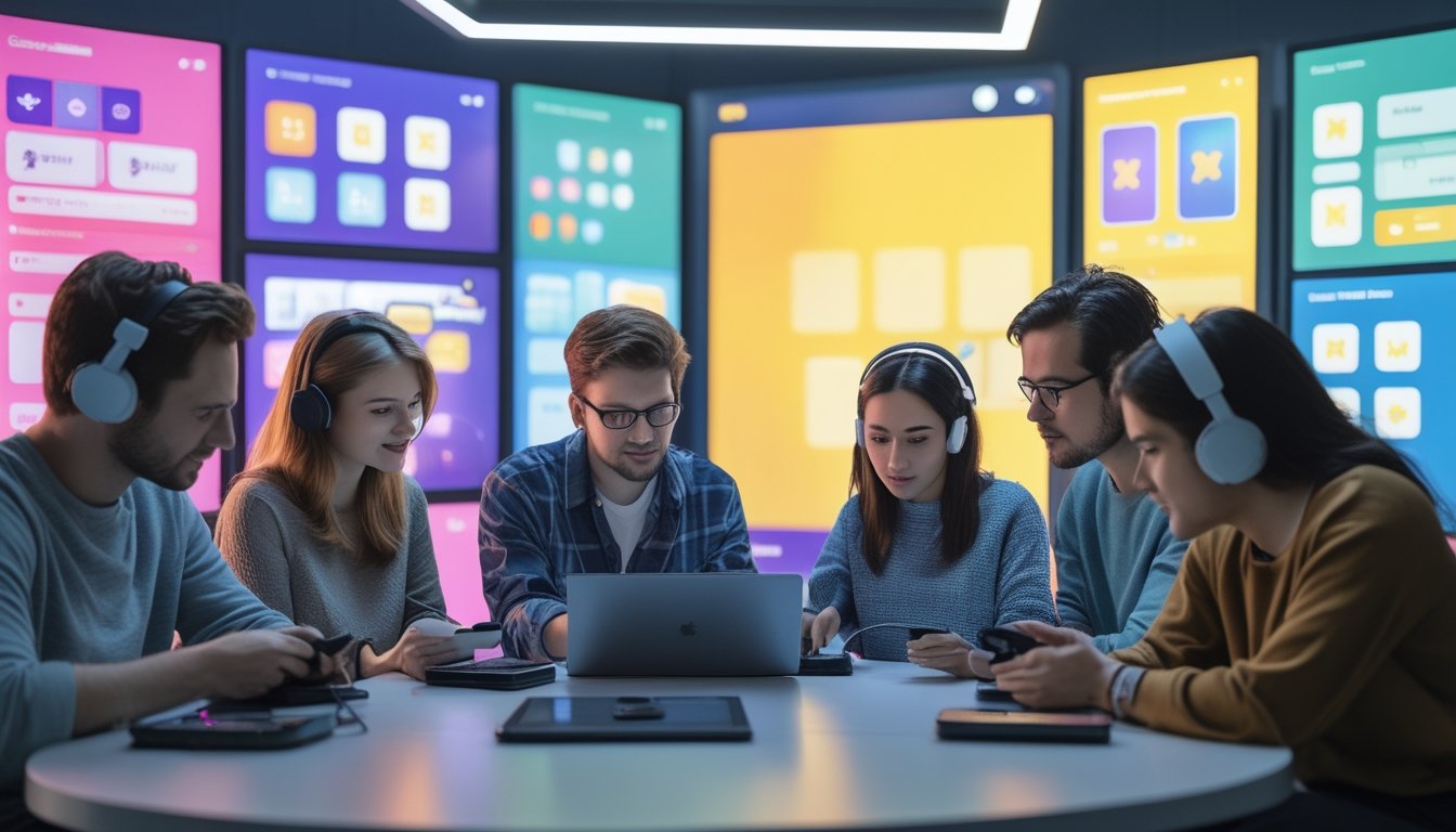 Sekelompok teman dewasa membandingkan berbagai pilihan permainan menggunakan perangkat digital di ruang bermain modern.