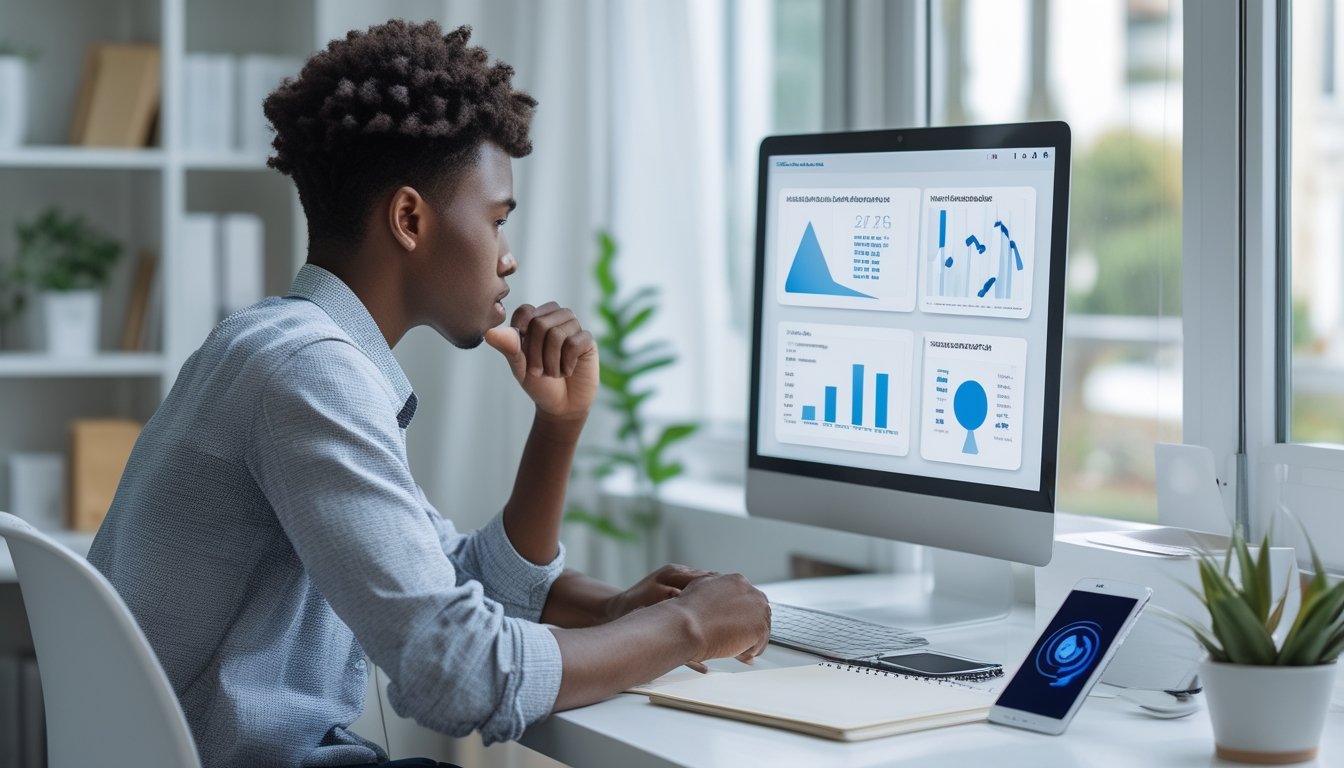 Pemula mempelajari grafik analisis dan rekomendasi taruhan di meja kerja modern.
