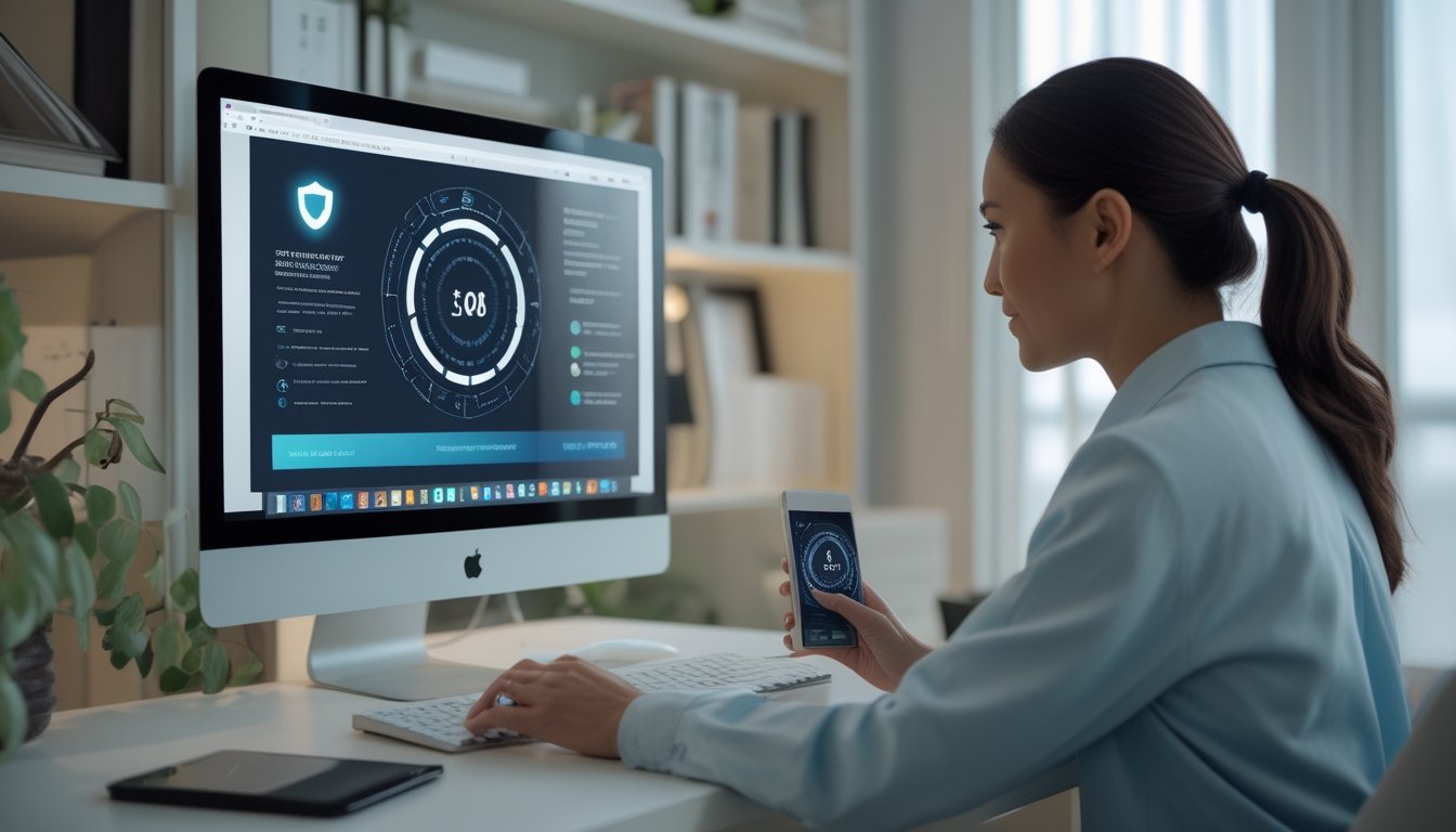 Orang dewasa meninjau platform hiburan daring di laptop dengan simbol keamanan digital di meja kerja.