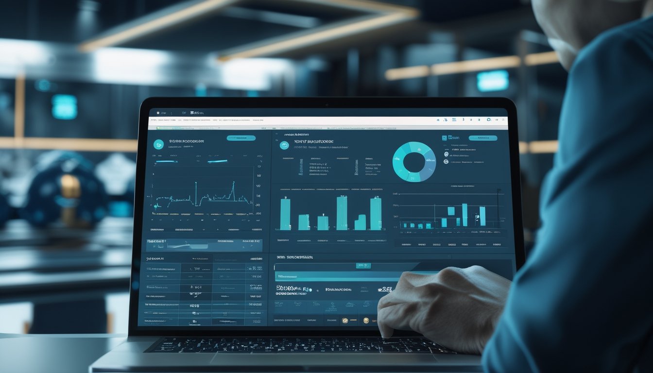 Seseorang menganalisis dasbor data olahraga digital di ruang kerja modern.