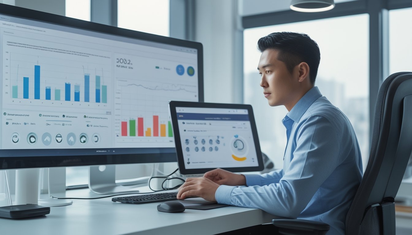 Seorang analis memeriksa dasbor data olahraga digital di ruang kerja modern.