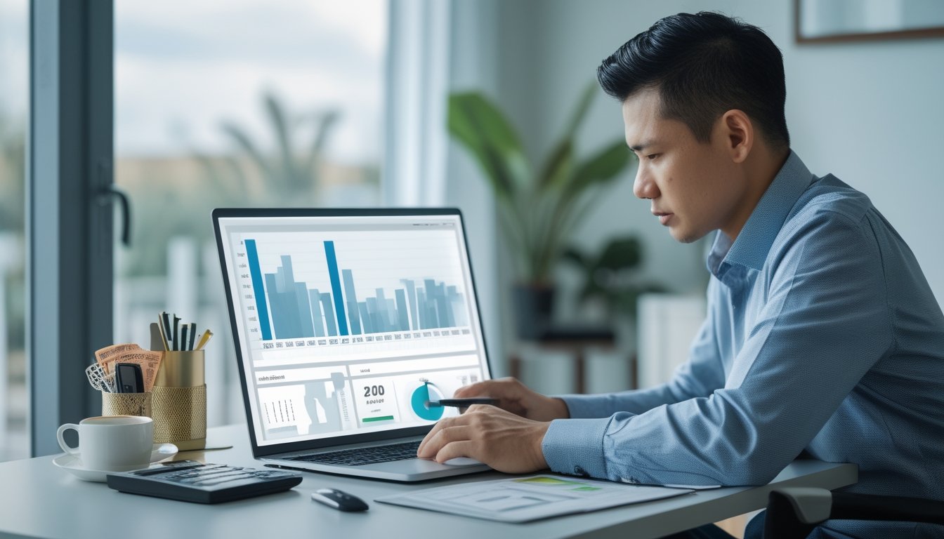 Seorang profesional menganalisis grafik statistik dan anggaran di laptop dengan kalkulator di meja.