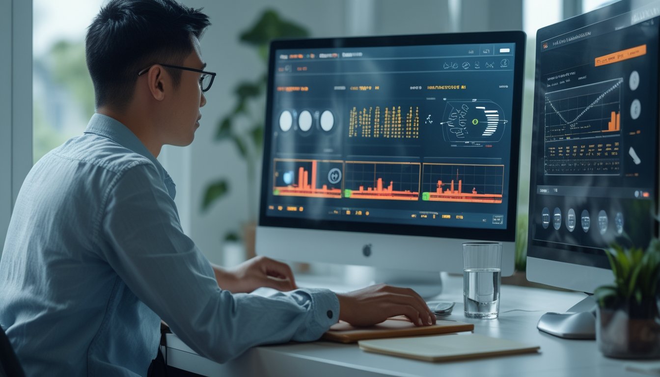 Seseorang menganalisis grafik risiko dan peluang di meja kerja modern menggunakan laptop.