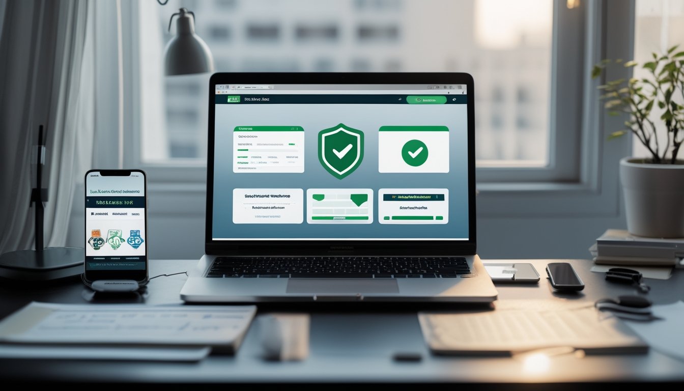 Laptop menampilkan antarmuka situs taruhan abstrak dengan simbol keamanan di meja kerja modern.