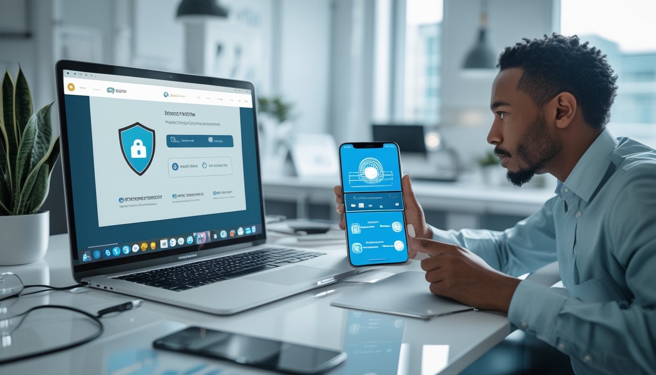 Seorang profesional memeriksa platform taruhan digital dengan simbol keamanan dan verifikasi di laptop serta ponsel.