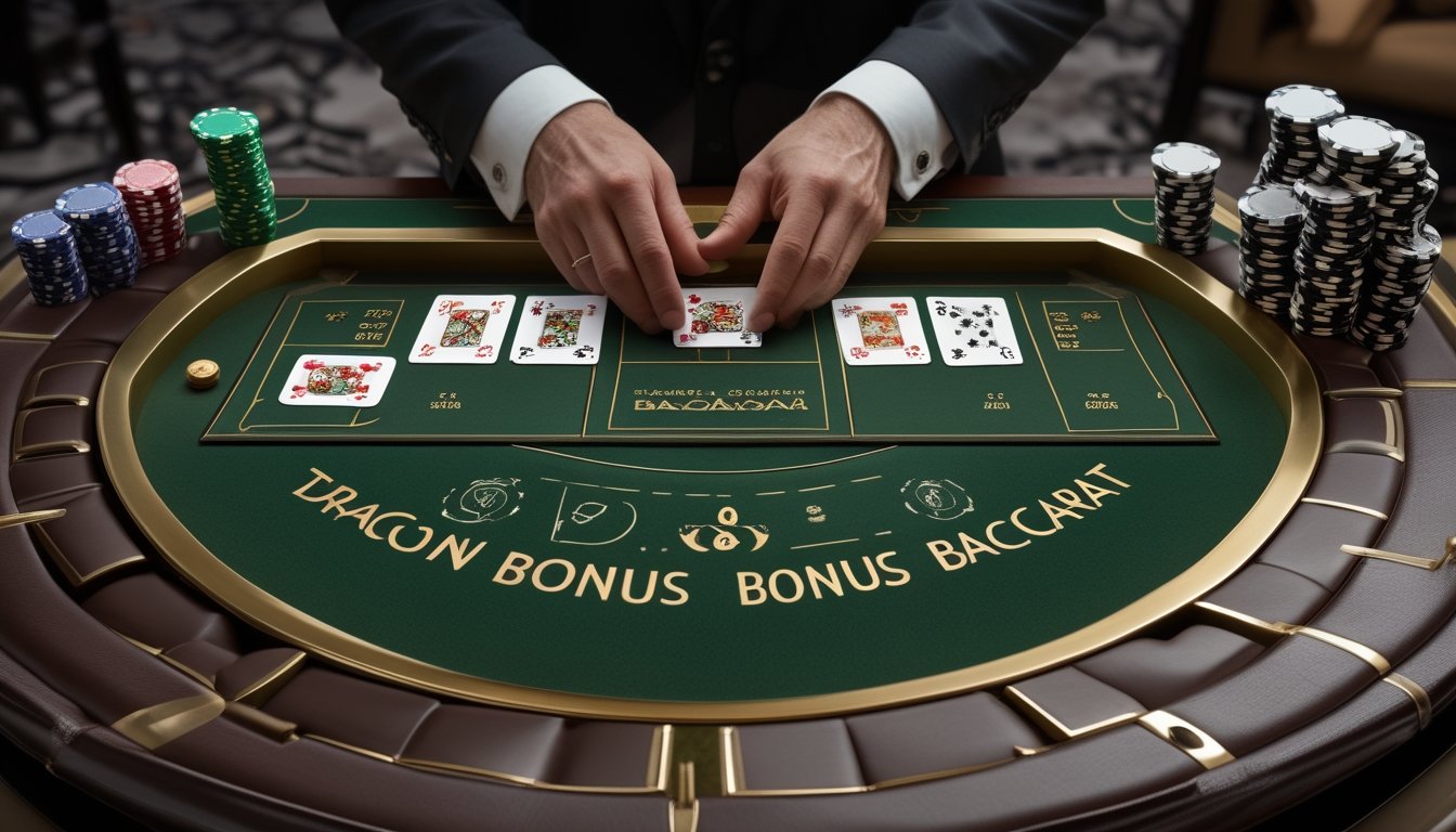 Meja baccarat elegan dengan kartu, keping kasino, dan tangan dealer yang sedang mengatur permainan.