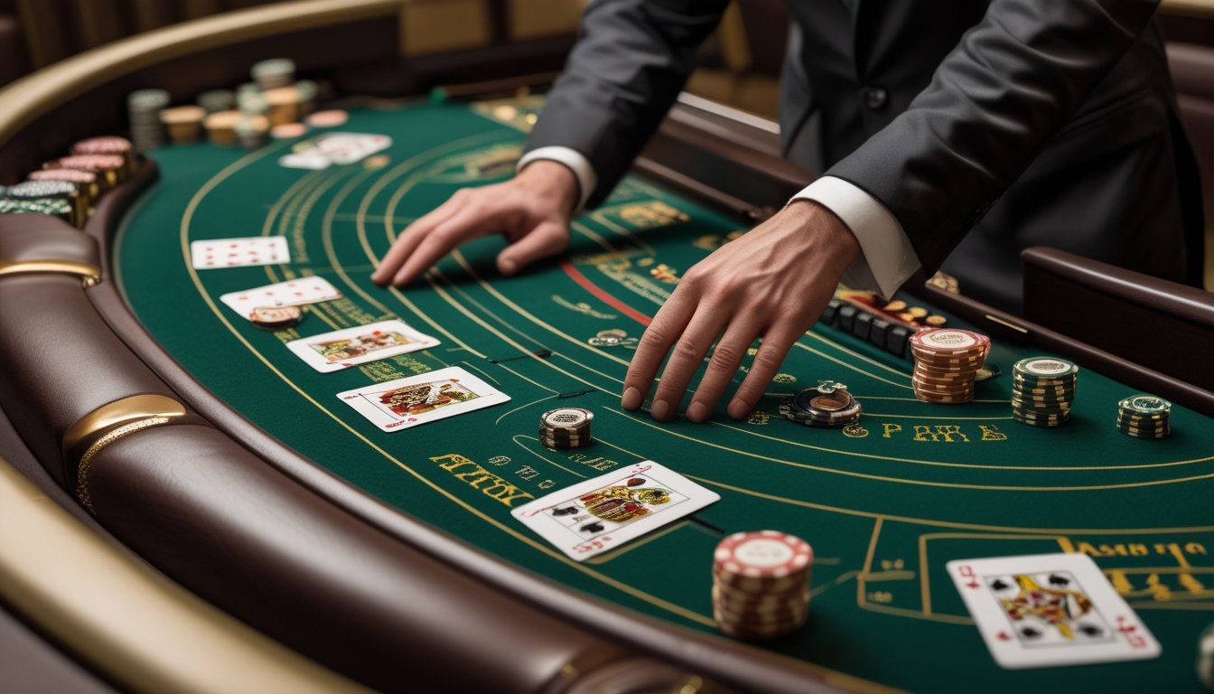 Meja permainan baccarat dengan kartu, keping taruhan, dan tangan dealer di kasino elegan.