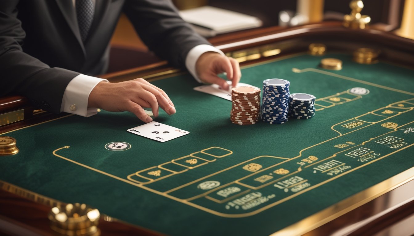 Meja baccarat dengan kartu, tumpukan chip, penanda panda, dan lambang naga emas.
