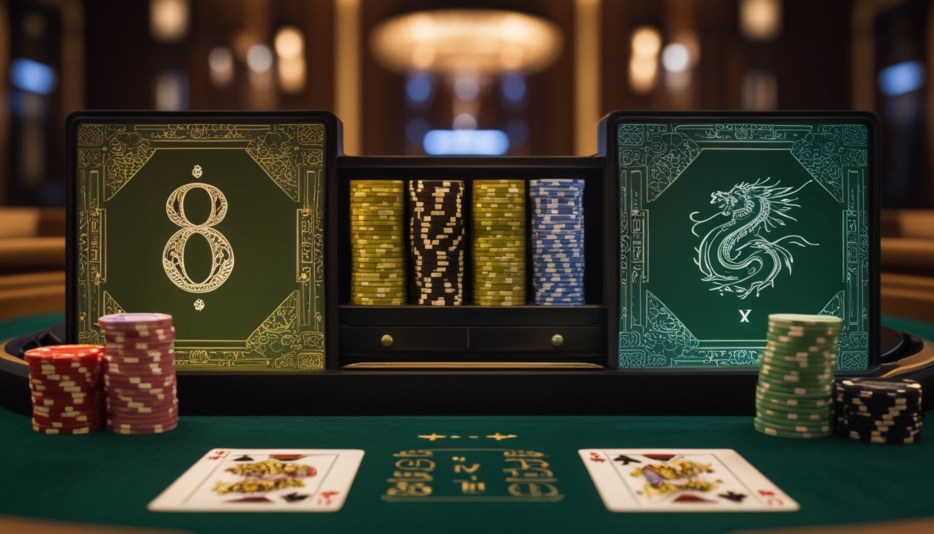 Meja baccarat dengan kartu, keping kasino, simbol angka delapan, dan siluet naga sebagai dua pilihan taruhan samping.