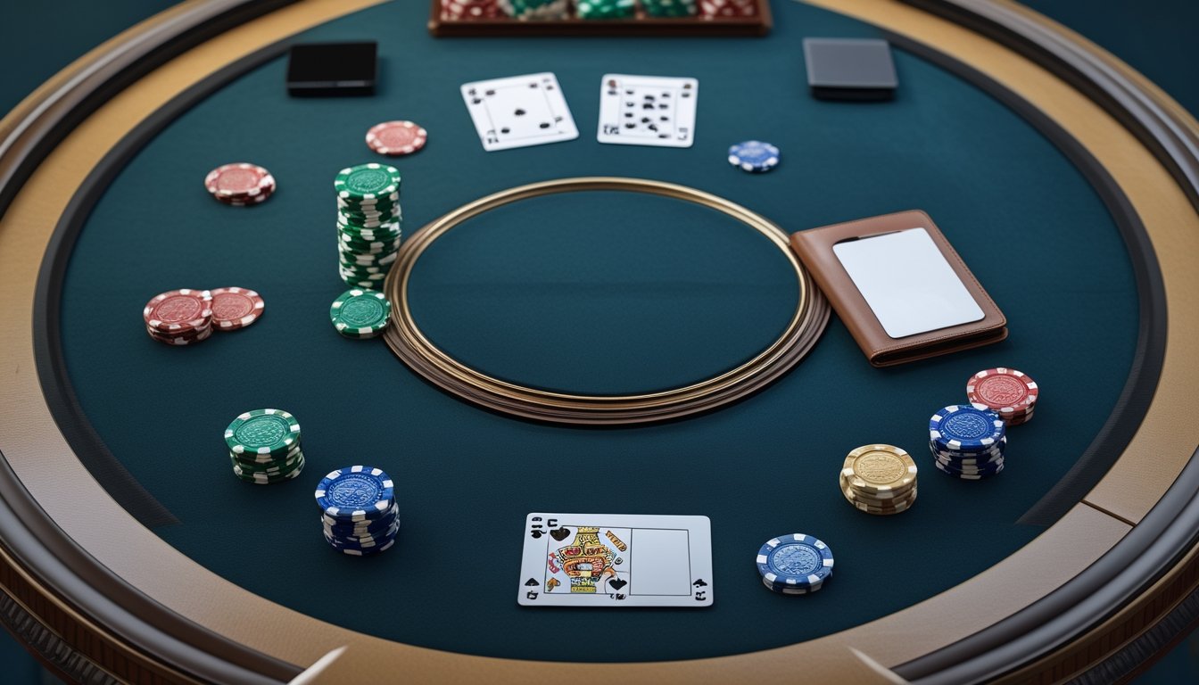 Meja baccarat dengan kartu, tumpukan chip yang tertata, kalkulator, dan buku catatan kosong.