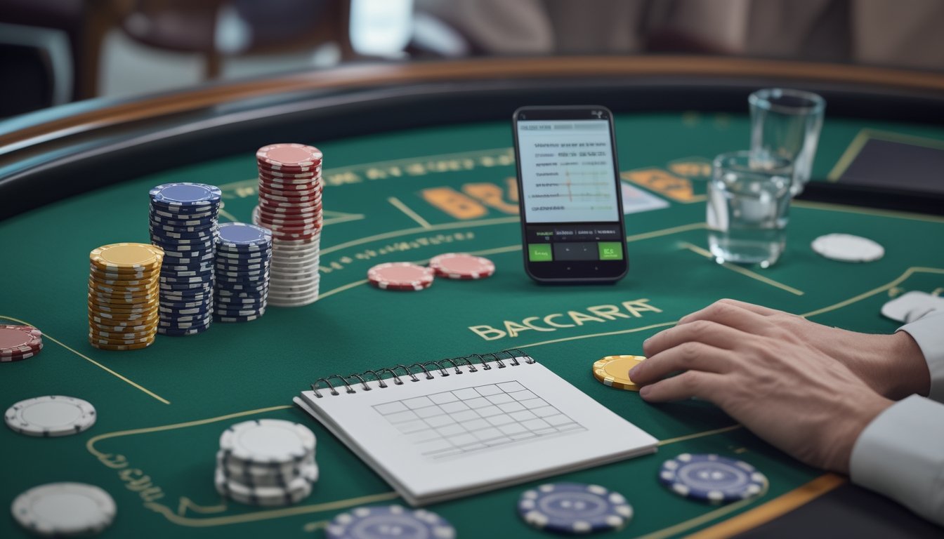 Meja baccarat dengan tumpukan chip yang tertata, kalkulator, ponsel, dan catatan kosong untuk perencanaan modal.