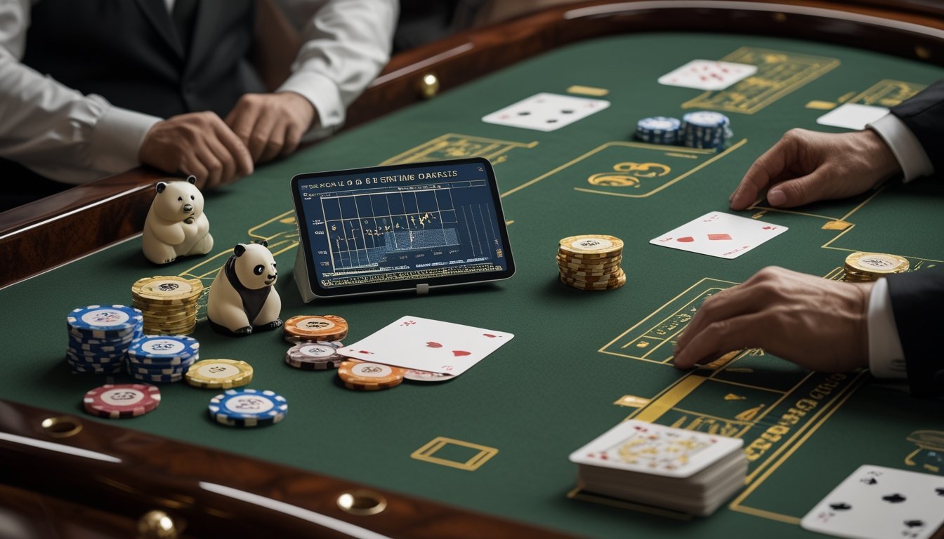 Meja baccarat elegan dengan kartu, tumpukan chip, tablet berisi grafik abstrak, serta ornamen panda dan naga.