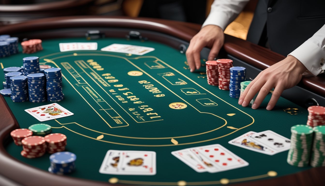 Meja baccarat dengan kartu, keping kasino, dan tangan dealer yang mengatur permainan.