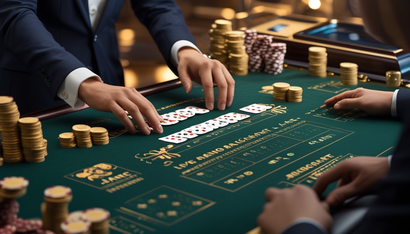 Meja baccarat elegan dengan kartu, keping kasino, dan tampilan analisis strategi tanpa tulisan.