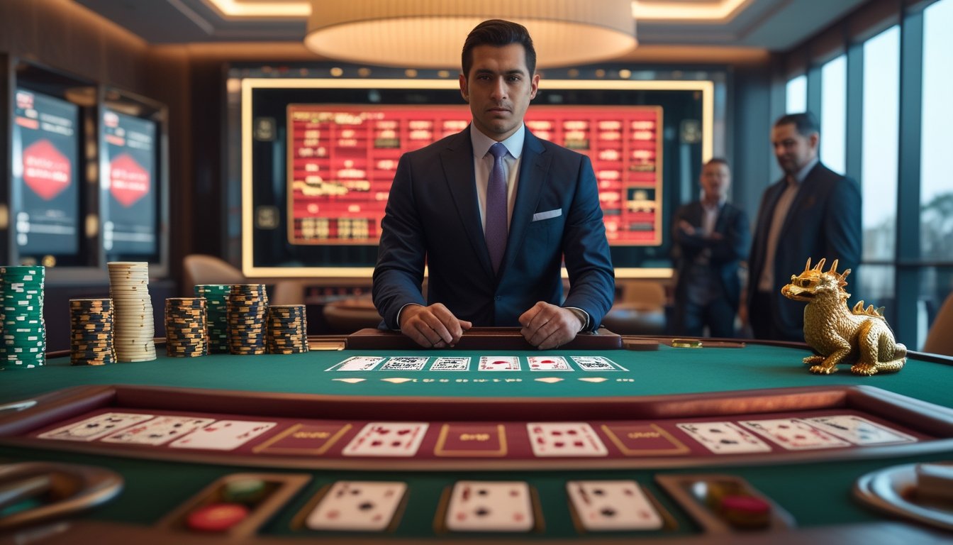 Dealer dan pemain mengamati meja baccarat dengan kartu, keping kasino, serta ornamen panda dan naga.