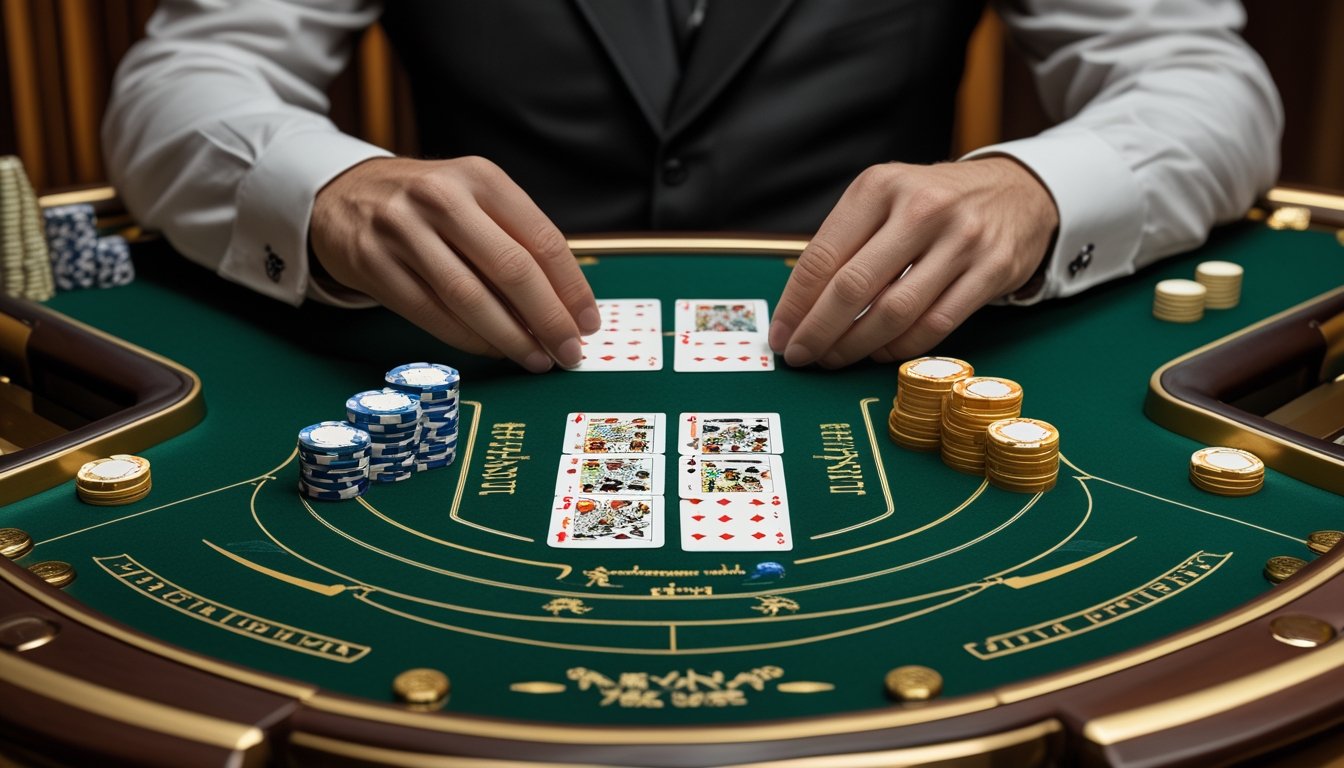 Meja baccarat elegan dengan kartu, keping kasino, dan aksen panda serta naga emas.