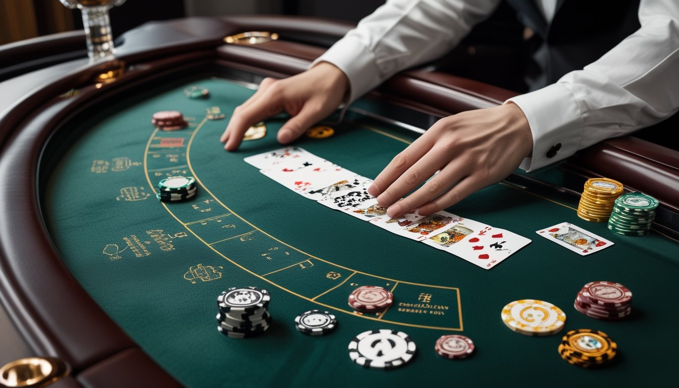 Meja baccarat dengan kartu, chip kasino, dan dealer yang sedang membagikan kartu.