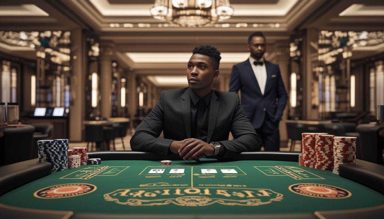 Seorang pemain mengamati meja baccarat dengan kartu, chip kasino, serta dekorasi bertema panda dan naga.