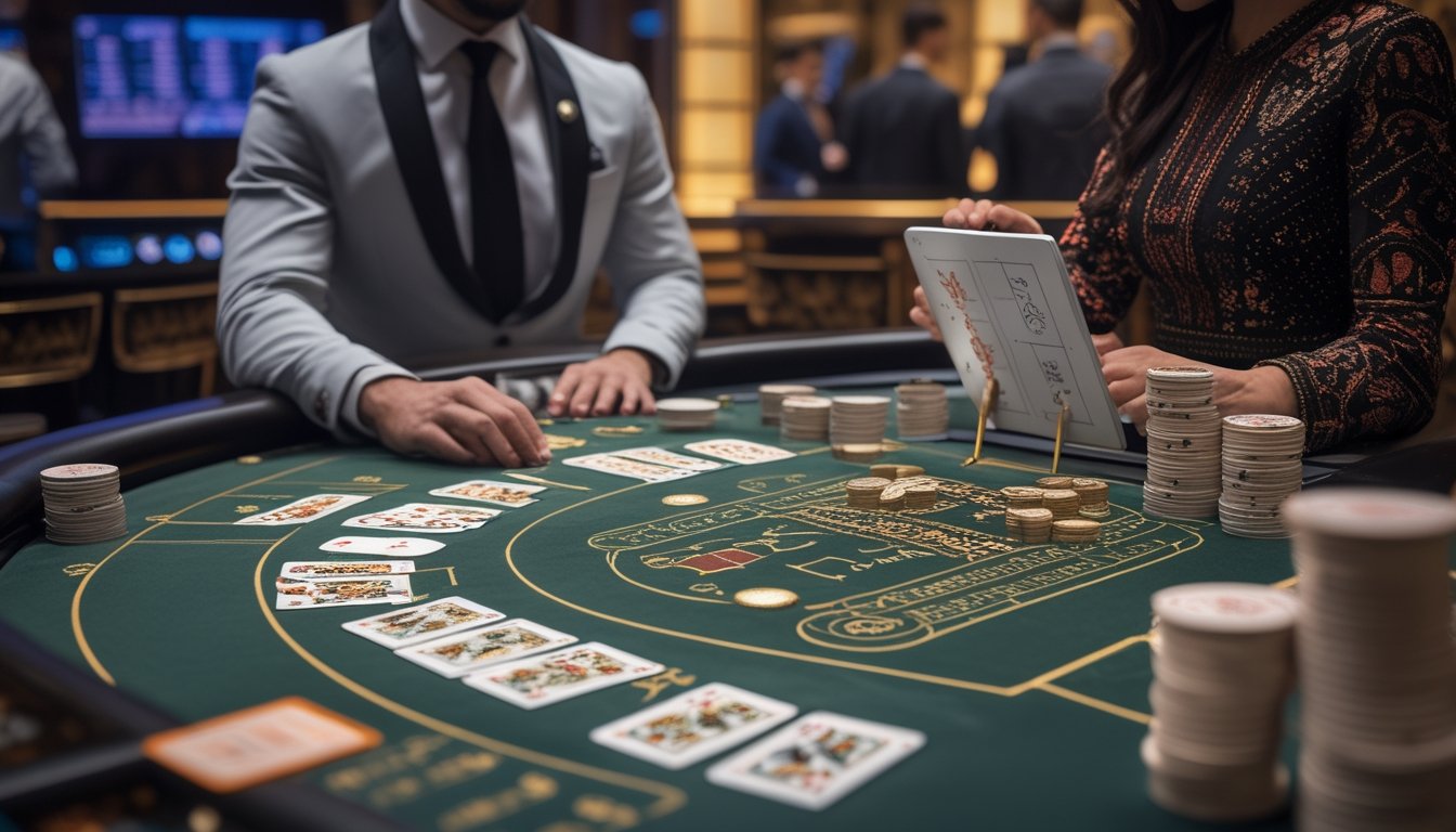 Pemain dan dealer sedang menganalisis permainan baccarat dengan kartu, chip, serta ornamen panda dan naga di meja kasino.