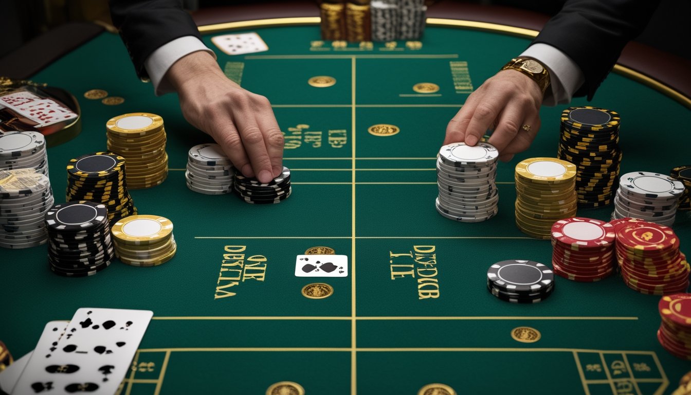 Tangan dealer menata kartu baccarat dan keping taruhan di atas meja kasino hijau.