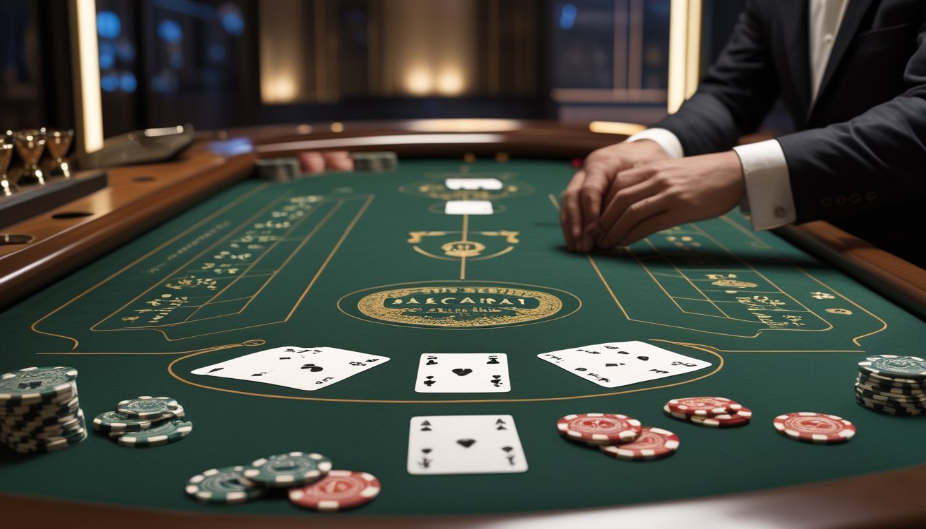 Meja baccarat dengan kartu, keping taruhan, dan tangan dealer di kasino elegan.