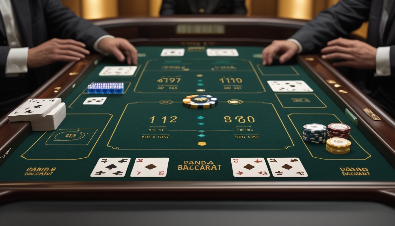 Meja baccarat dengan kartu, tumpukan chip, dan elemen visual yang menggambarkan perhitungan peluang serta bonus.