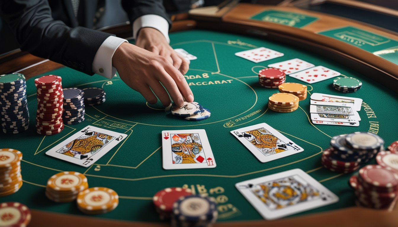 Meja baccarat dengan kartu, keping kasino, dan tangan dealer yang sedang menata permainan.