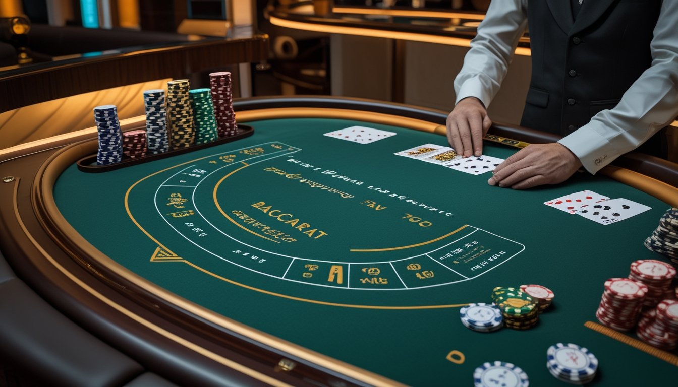 Meja baccarat kasino dengan kartu, keping taruhan, dan area taruhan bonus panda serta naga.