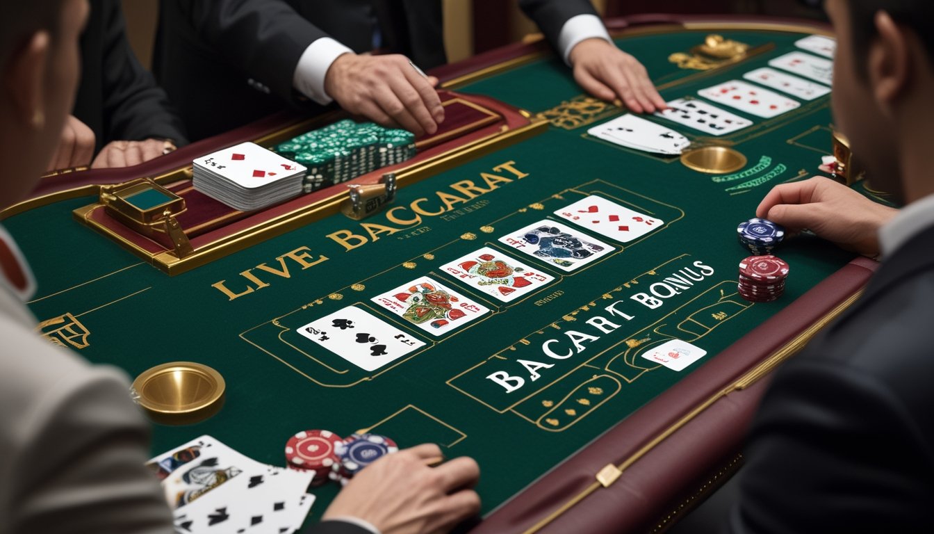 Dealer dan pemain di meja baccarat dengan kartu, keping taruhan, serta dekorasi bernuansa naga.