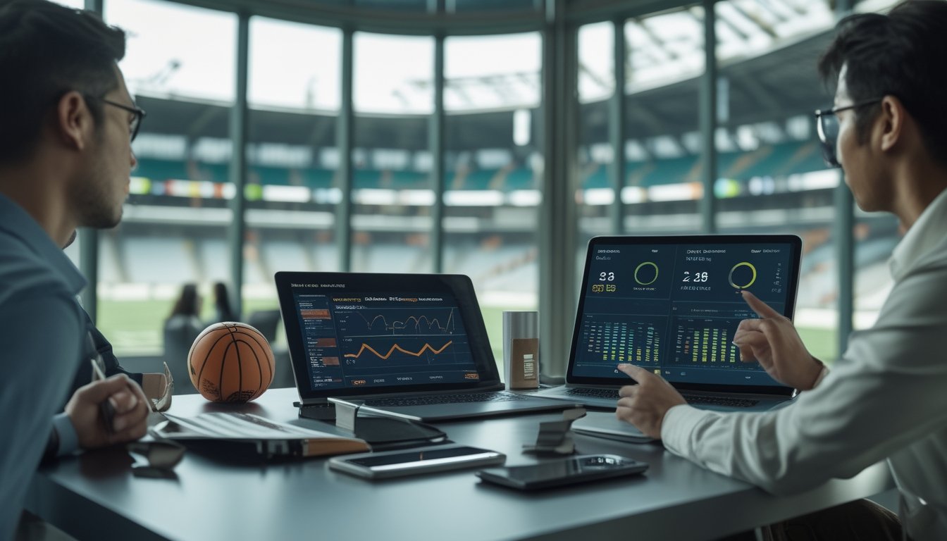 Para analis olahraga meninjau data pertandingan di ruang kerja modern dengan stadion terlihat di latar belakang.