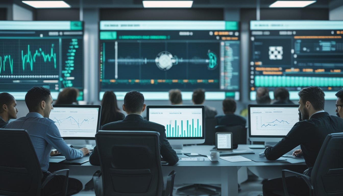 Tim analis olahraga meninjau data performa dan grafik abstrak di ruang kerja modern.