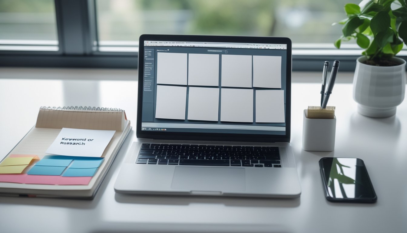 Meja kerja modern dengan laptop, buku catatan kosong, pena, dan catatan tempel warna-warni untuk merencanakan artikel.