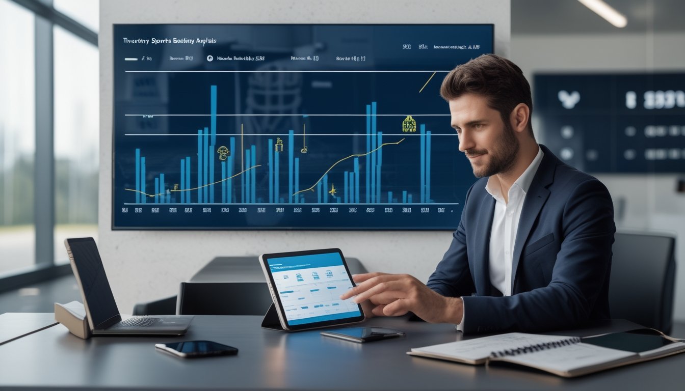Analis profesional meninjau grafik statistik olahraga di ruang kerja modern.
