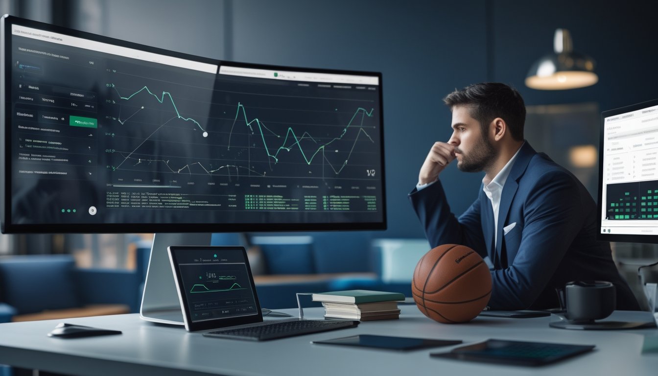 Analis profesional meninjau data olahraga dan perbandingan odds di ruang kerja modern.