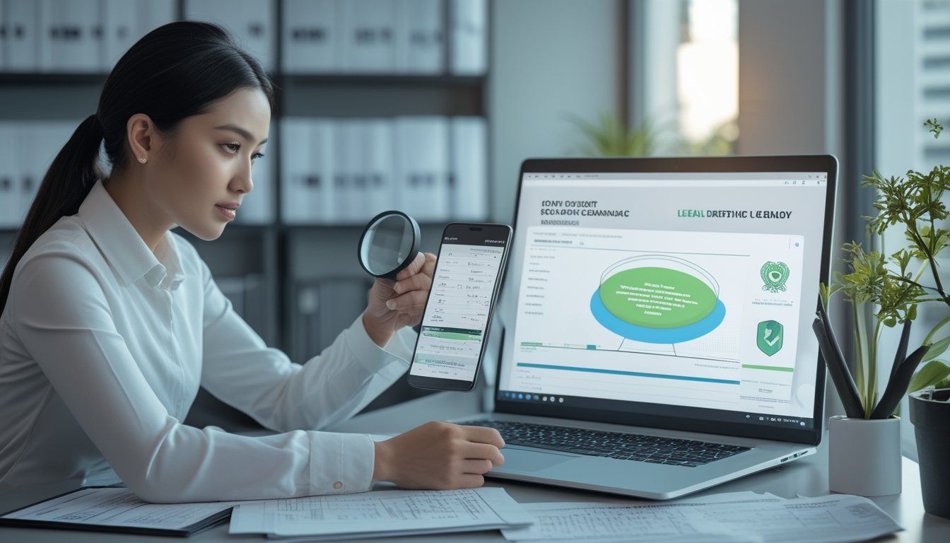 Seorang analis memeriksa dokumen regulasi dan simbol keamanan digital di ruang kerja modern.