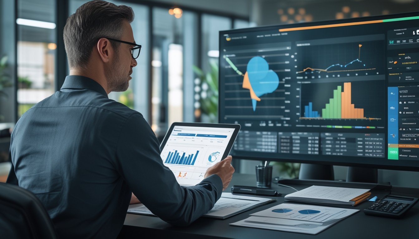 Seorang analis mempelajari data pertandingan olahraga di meja kerja modern dengan laptop, tablet, dan grafik.