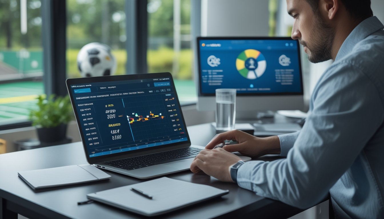 Seorang analis olahraga dewasa meninjau statistik pertandingan dan anggaran taruhan secara hati-hati di ruang kerja modern.