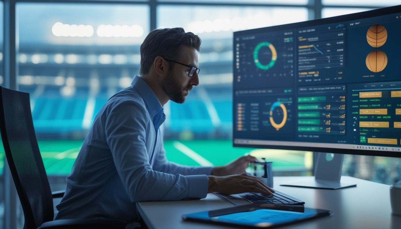 Seorang analis olahraga mempelajari statistik pertandingan di kantor modern.