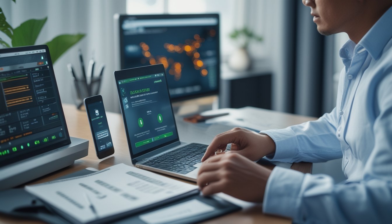 Seorang profesional memeriksa statistik olahraga dan keamanan platform digital di ruang kerja modern.