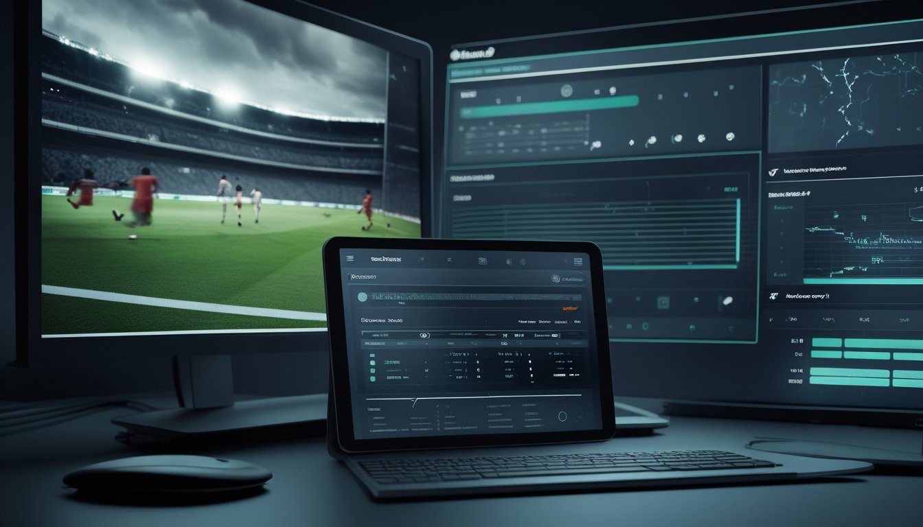 Meja analisis olahraga dengan layar yang menampilkan pertandingan sepak bola langsung dan panel statistik pada beberapa perangkat.