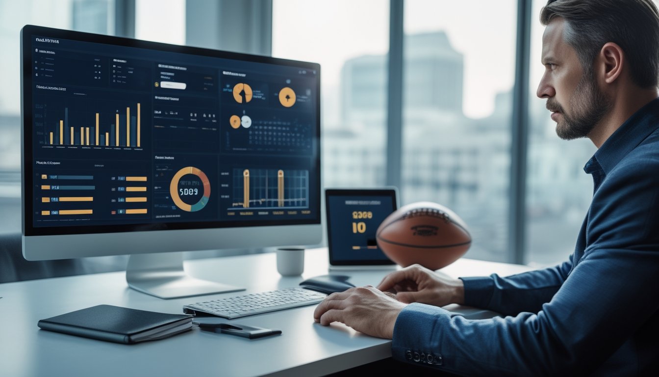 Seorang analis meninjau data pertandingan sepak bola dan bola basket di ruang kerja modern.