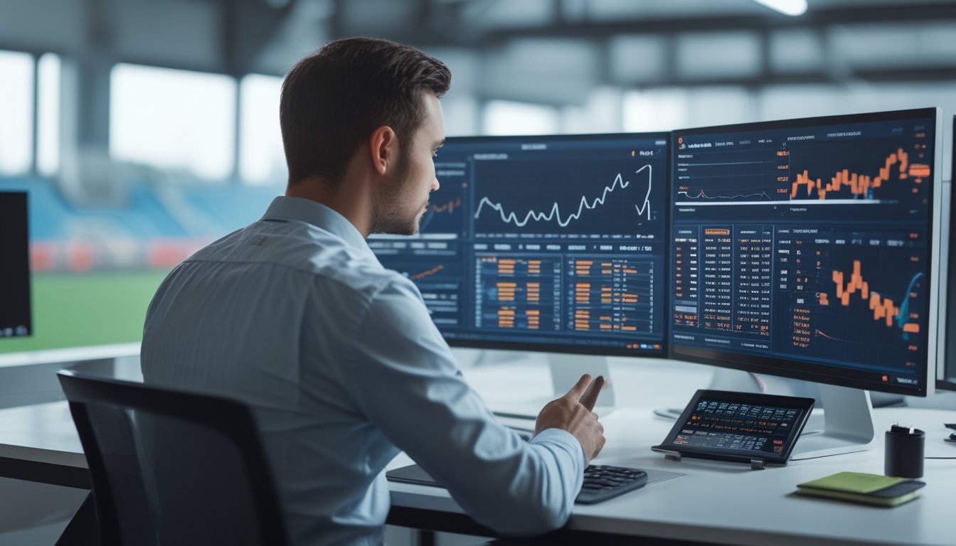 Analis olahraga mempelajari data pertandingan sepak bola dan bola basket di ruang kerja modern.