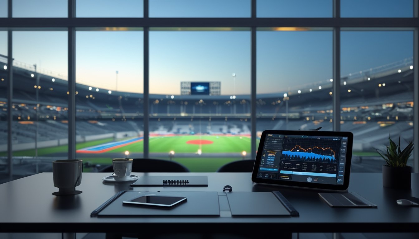 Ruang kerja modern dengan perangkat analisis olahraga dan stadion besar yang terlihat melalui jendela.