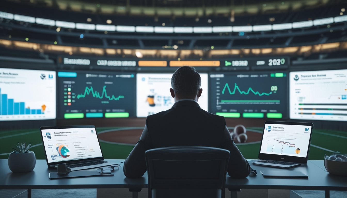 Seorang analis olahraga memeriksa grafik data dan tren pertandingan pada beberapa layar di ruang kerja modern.