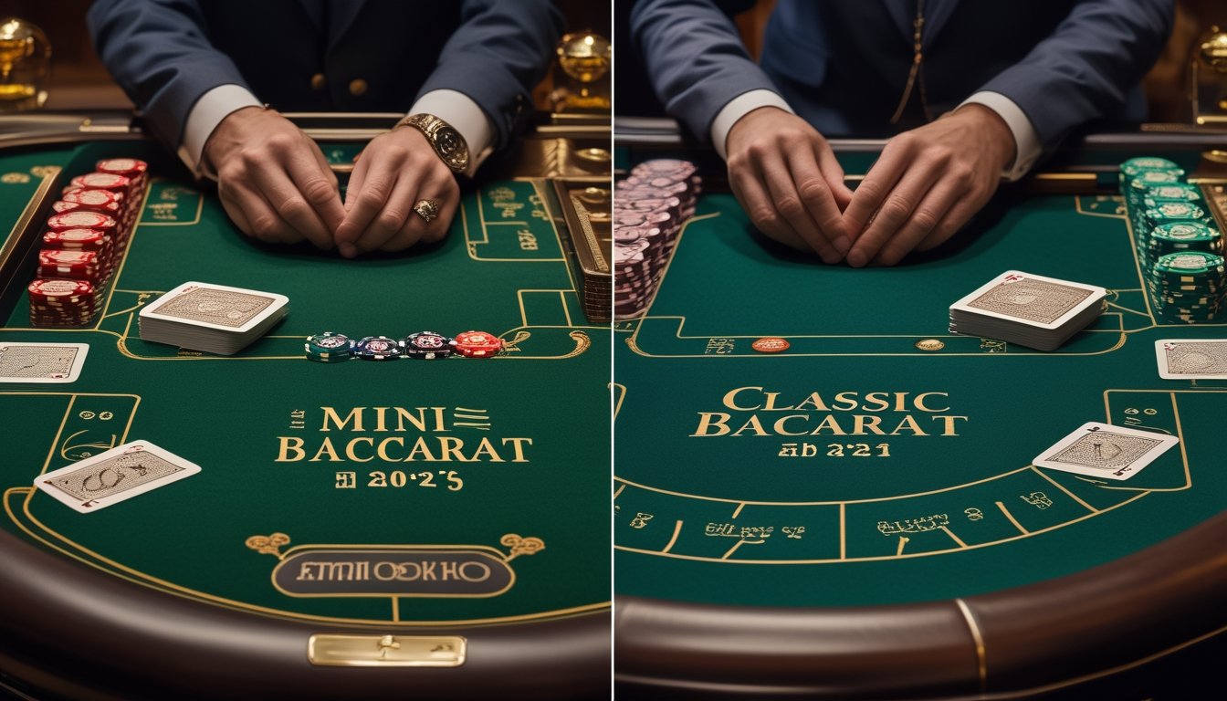 Dua meja baccarat dengan ukuran dan tata letak yang berbeda di dalam kasino elegan.