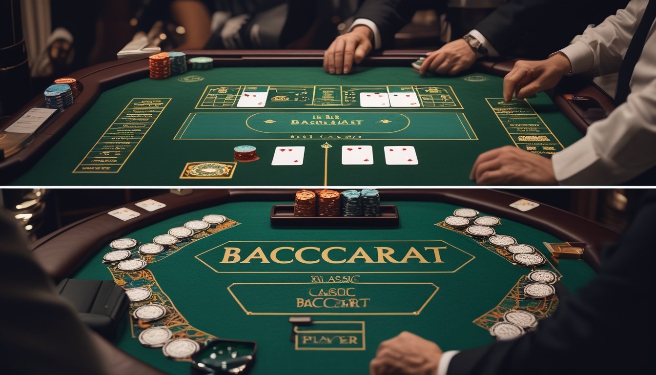 Meja kasino dengan kartu, keping taruhan, dan dua tata letak permainan baccarat yang berbeda.