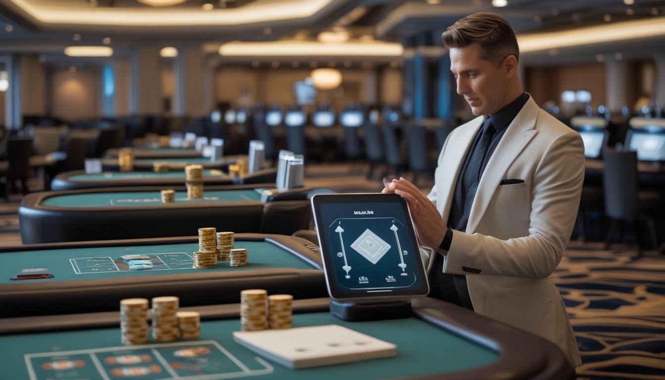 Seorang pelanggan membandingkan dua meja mini baccarat di kasino modern dengan bantuan pemandu dan tumpukan chip.